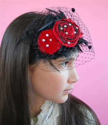 1940's The Hedy Veil Headband Red and Black Silk